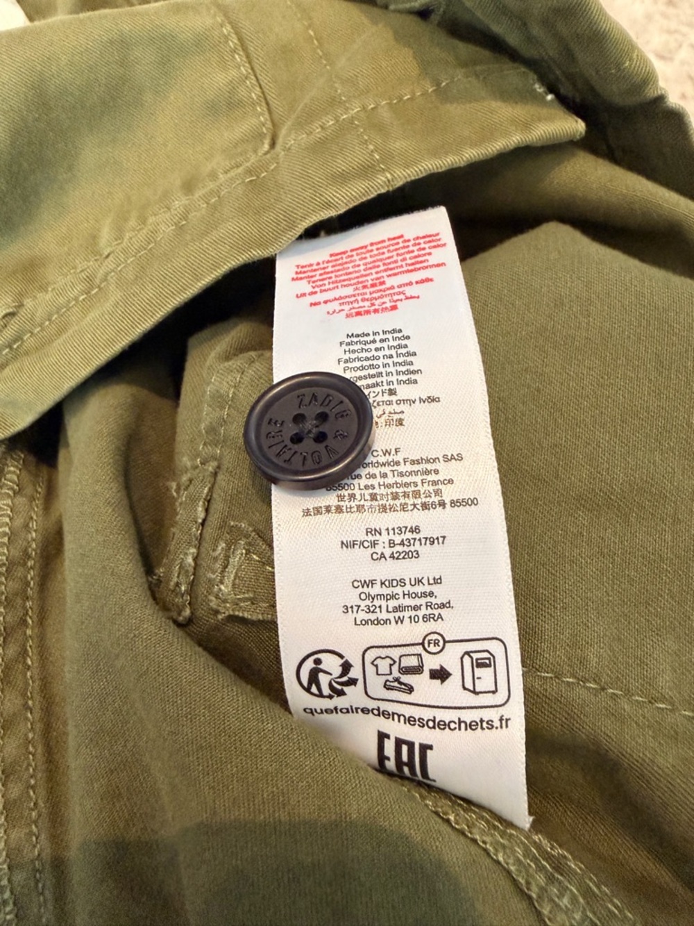 🚩 Zadig & Voltaire Army Green Kid Girl Mill Coat with Patch Size 6X - Picture 8 of 8